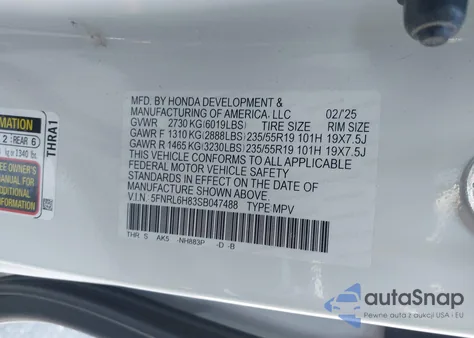 2025 Honda Odyssey Touring из США, поврежденный, VIN 5FNRL6H83SB047488